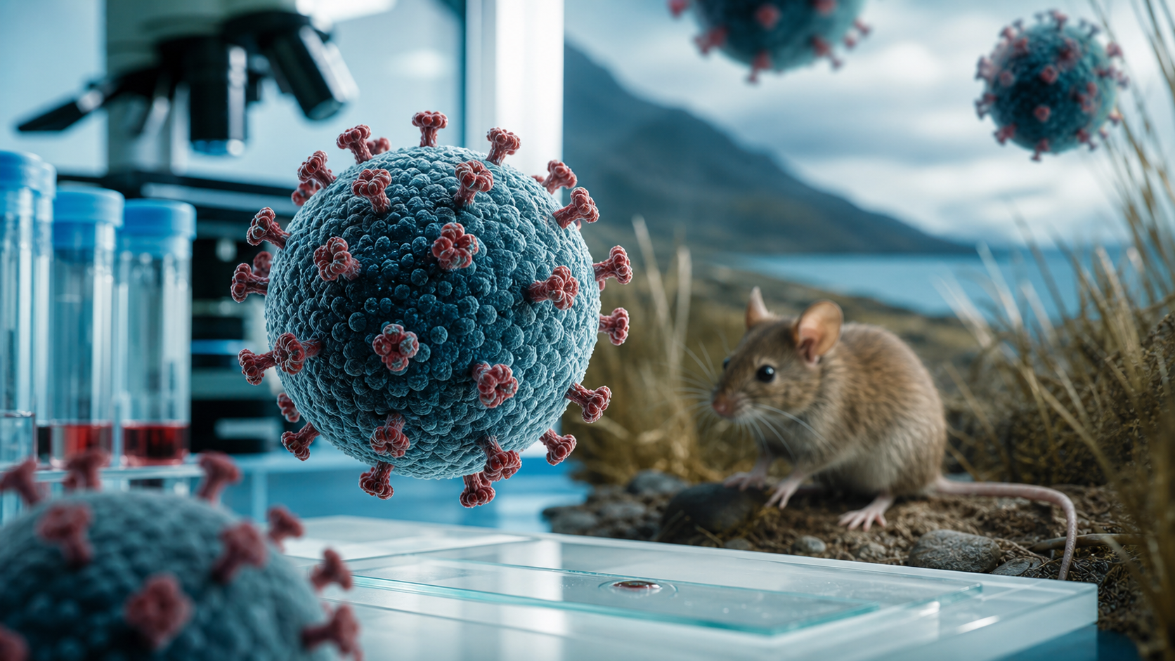 Visual cientifico del hantavirus Andes con particulas virales, laboratorio y reservorio de roedor