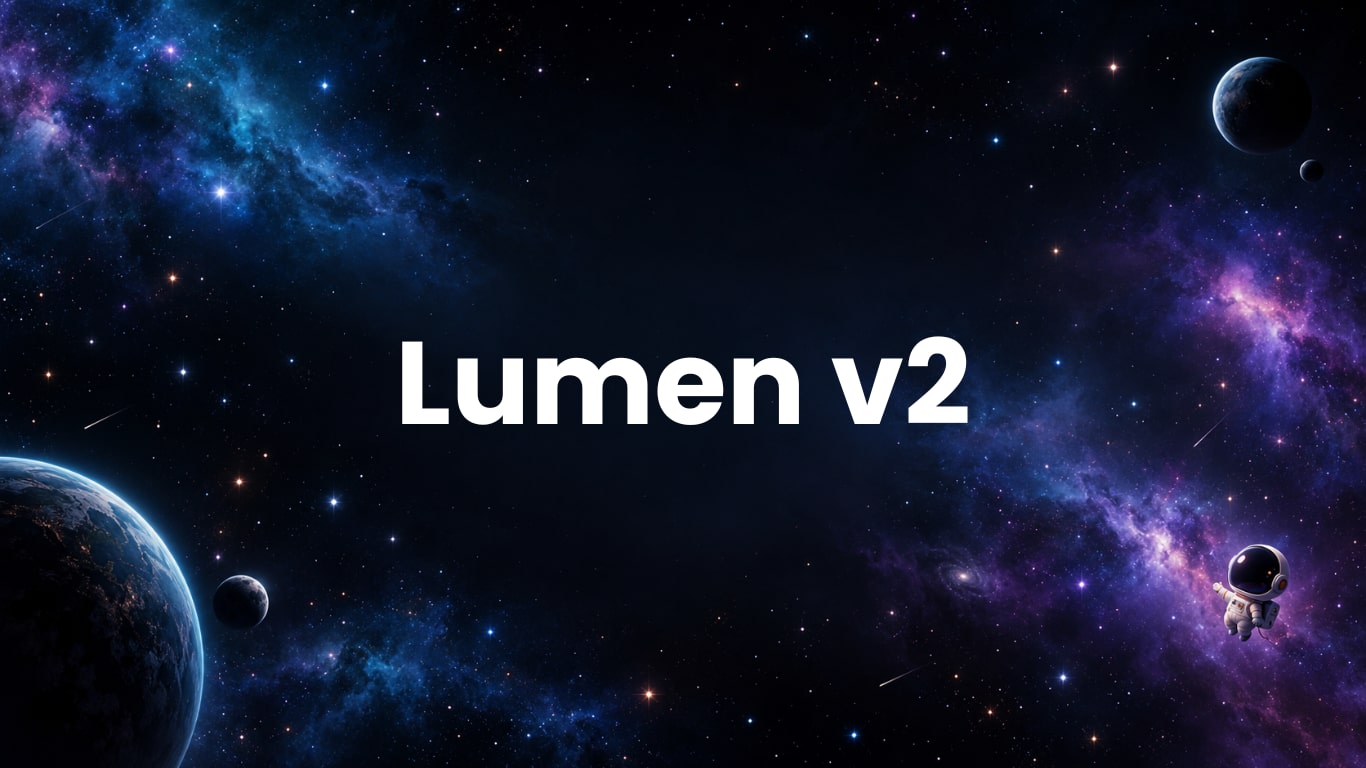 Lumen v2 en blanco entre nebulosas azules y violetas, planetas y un pequeño astronauta